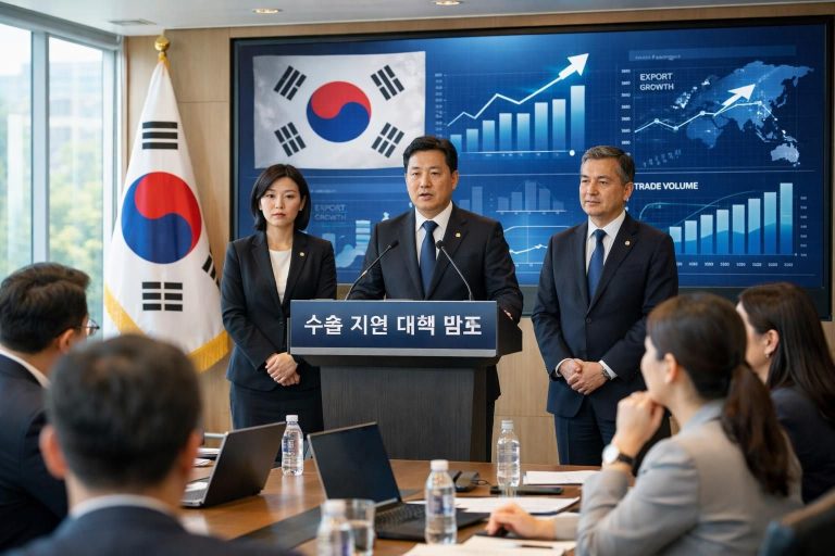 정부가 수출 지원 대책을 발표하여 기업의 해외 진출을 촉진하고 경제 성장을 도모합니다.